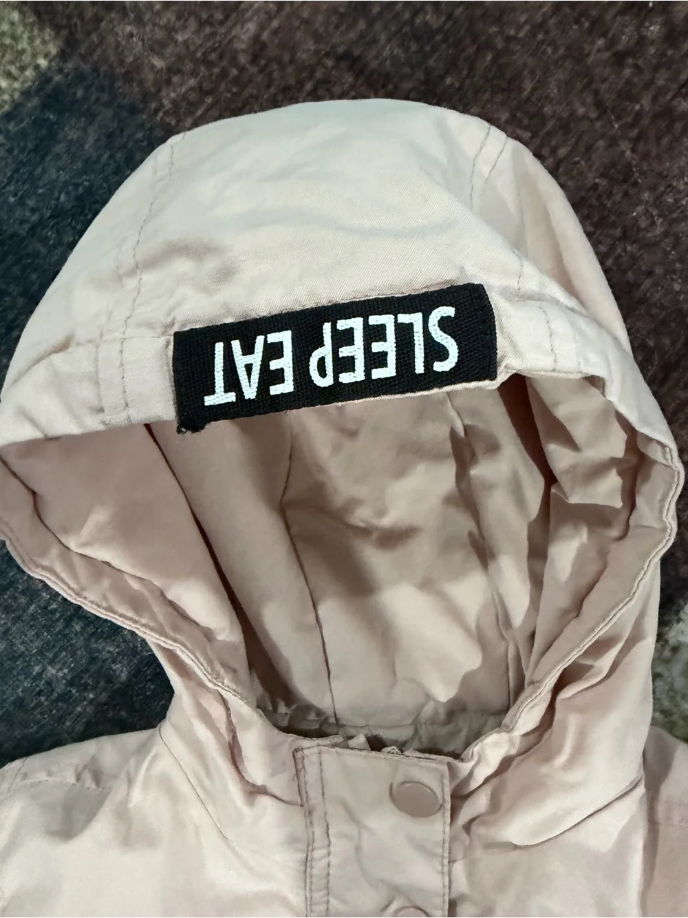 Zara Light Cream Hooded Puffer Jacket with Snoopy Back Graphic